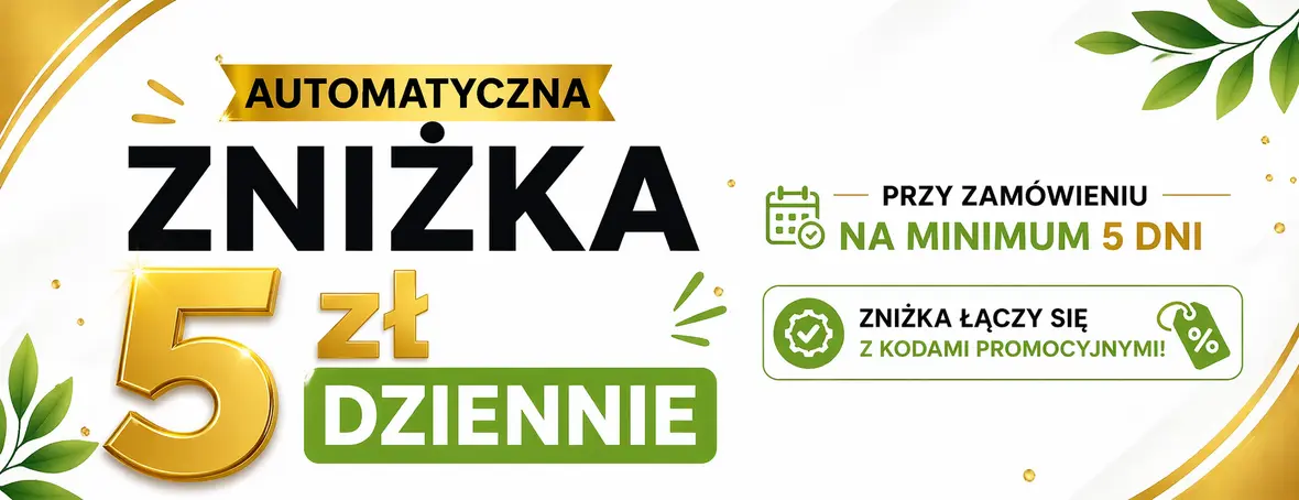 Automatyczna zniżka 5 zł dziennie przy zamówieniu na minimum 5 dni. Zniżka łączy się z kodami promocyjnymi.